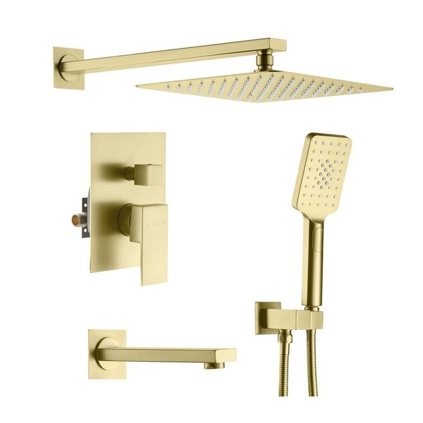 Kibi Cube Pressure Balanced 3-Function Shower System with Rough-In Valve, Brushed Gold KSF406BG